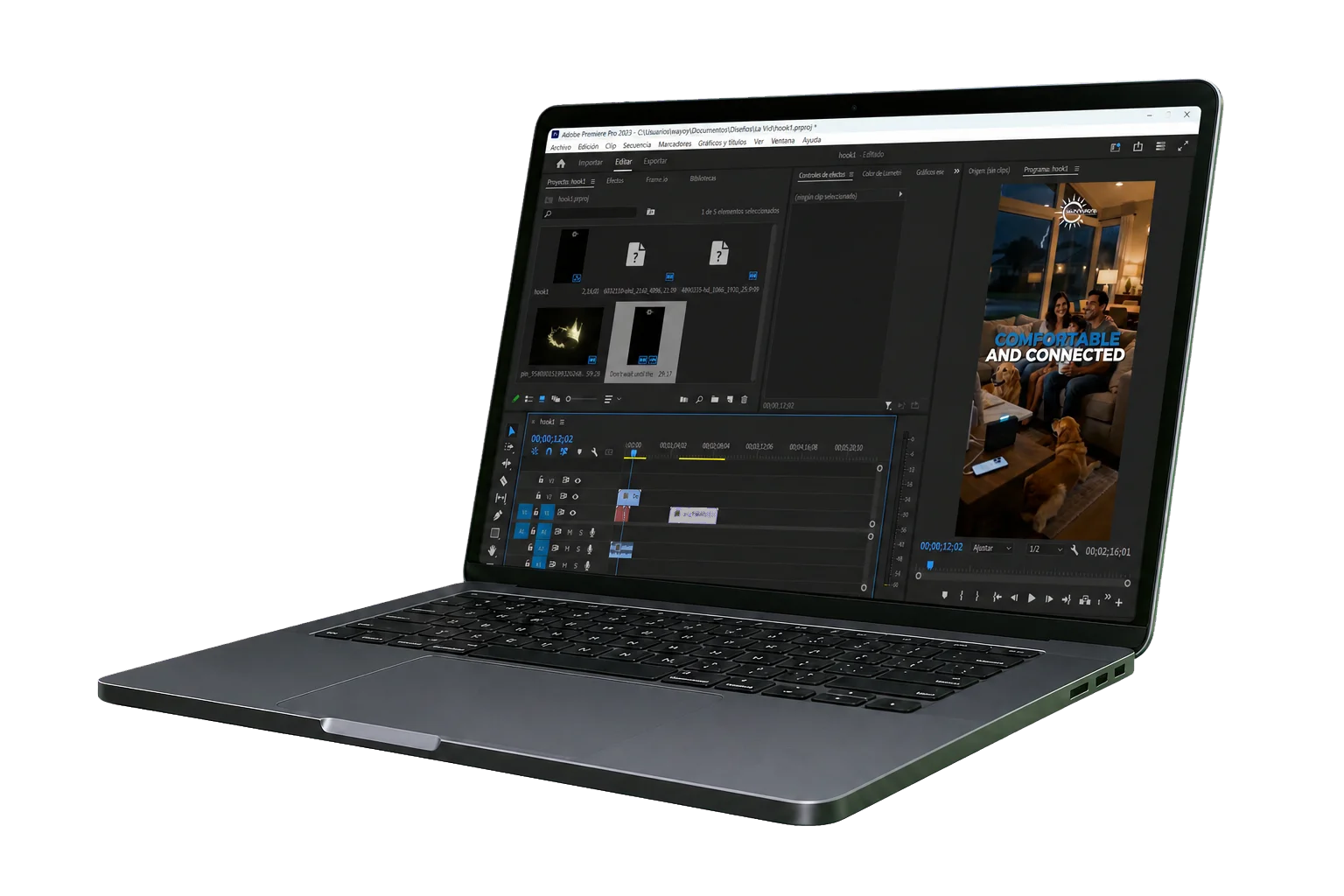 Laptop con Adobe Premiere Pro en pantalla